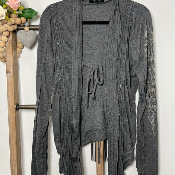 Miss Me Gray Long Sleeve Fringe Cardigan Size Large - Picture 3 of 10